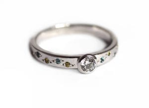 18ct Fairtrade white gold central diamond and yellow sapphires and blue topaz