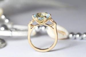 Recycled gold with aquamarine and diamonds by Zoe Pook Jewellery