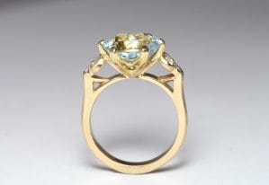 Recycled gold with aquamarine and diamonds by Zoe Pook Jewellery