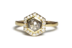 18ct Fairtrade yellow gold with hex salt and pepper and halo