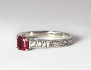 Recycled palladium with ruby and moissanites