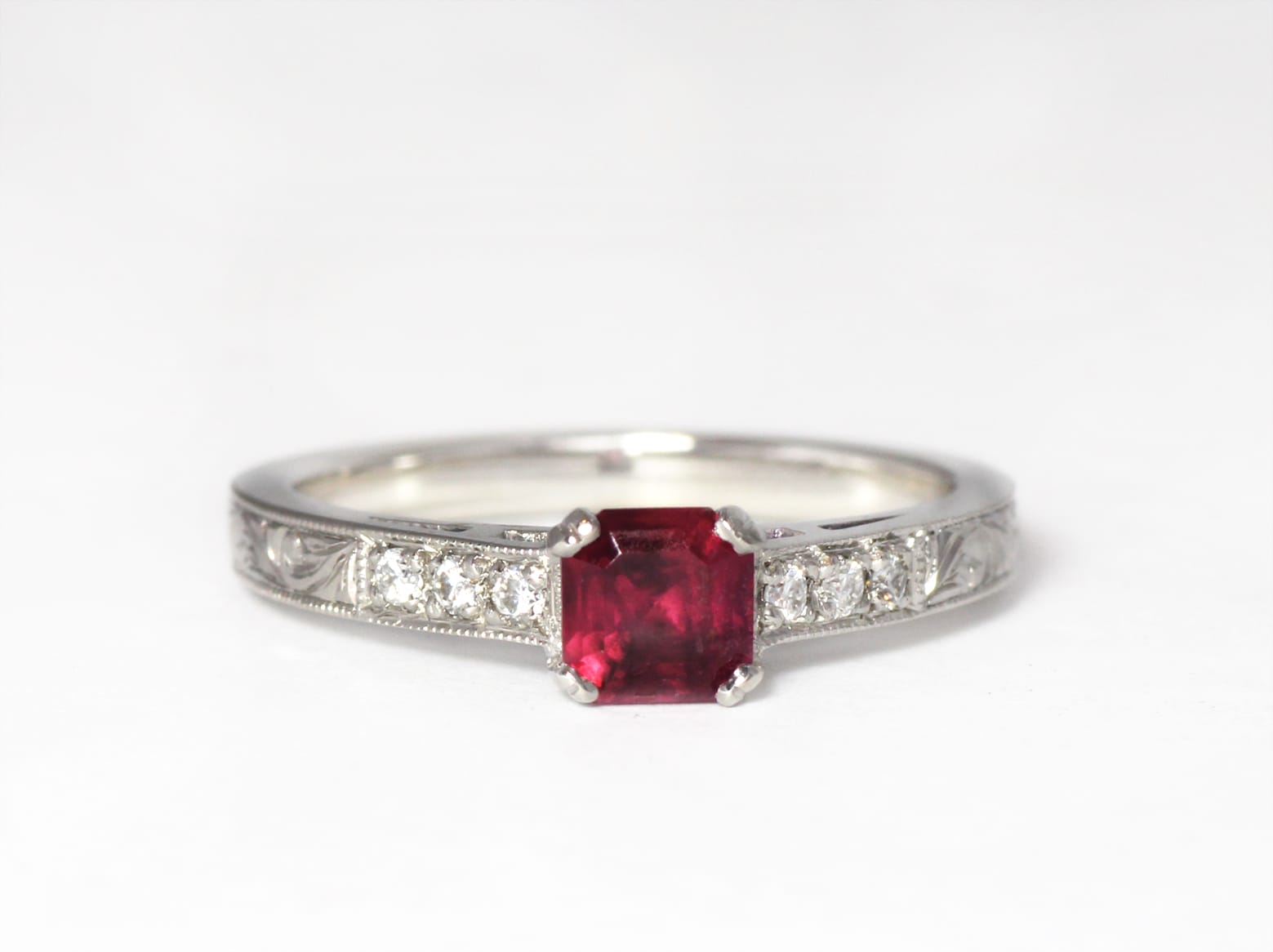 Recycled palladium with ruby and moissanites
