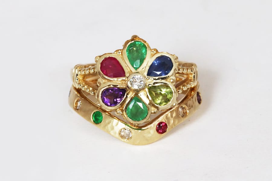 Recycled gold wedding band with gems