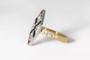 Recycled gold with rubies, diamonds and black spinel by Zoe Pook Jewellery