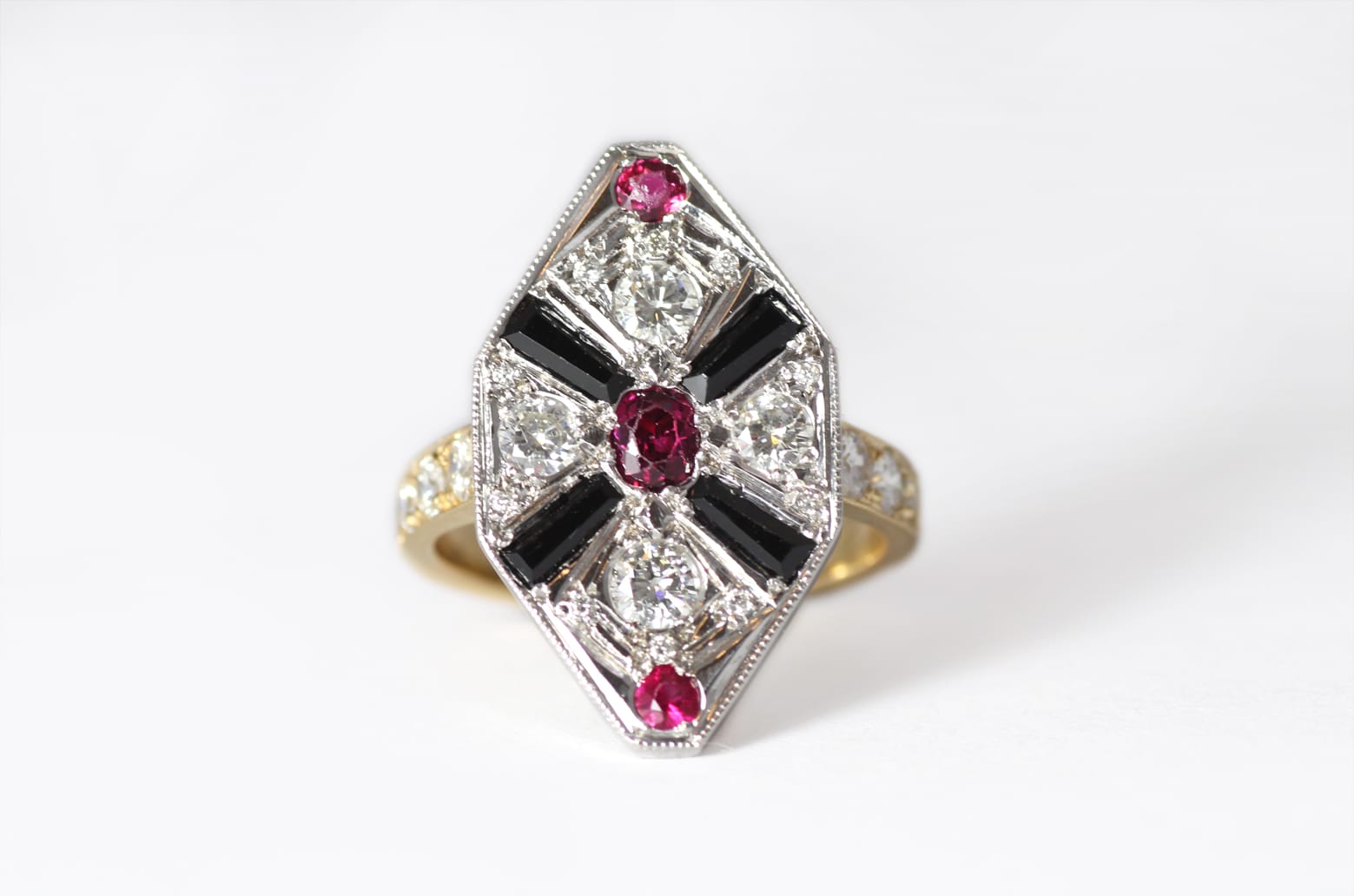 Recycled gold with rubies, diamonds and black spinel by Zoe Pook Jewellery