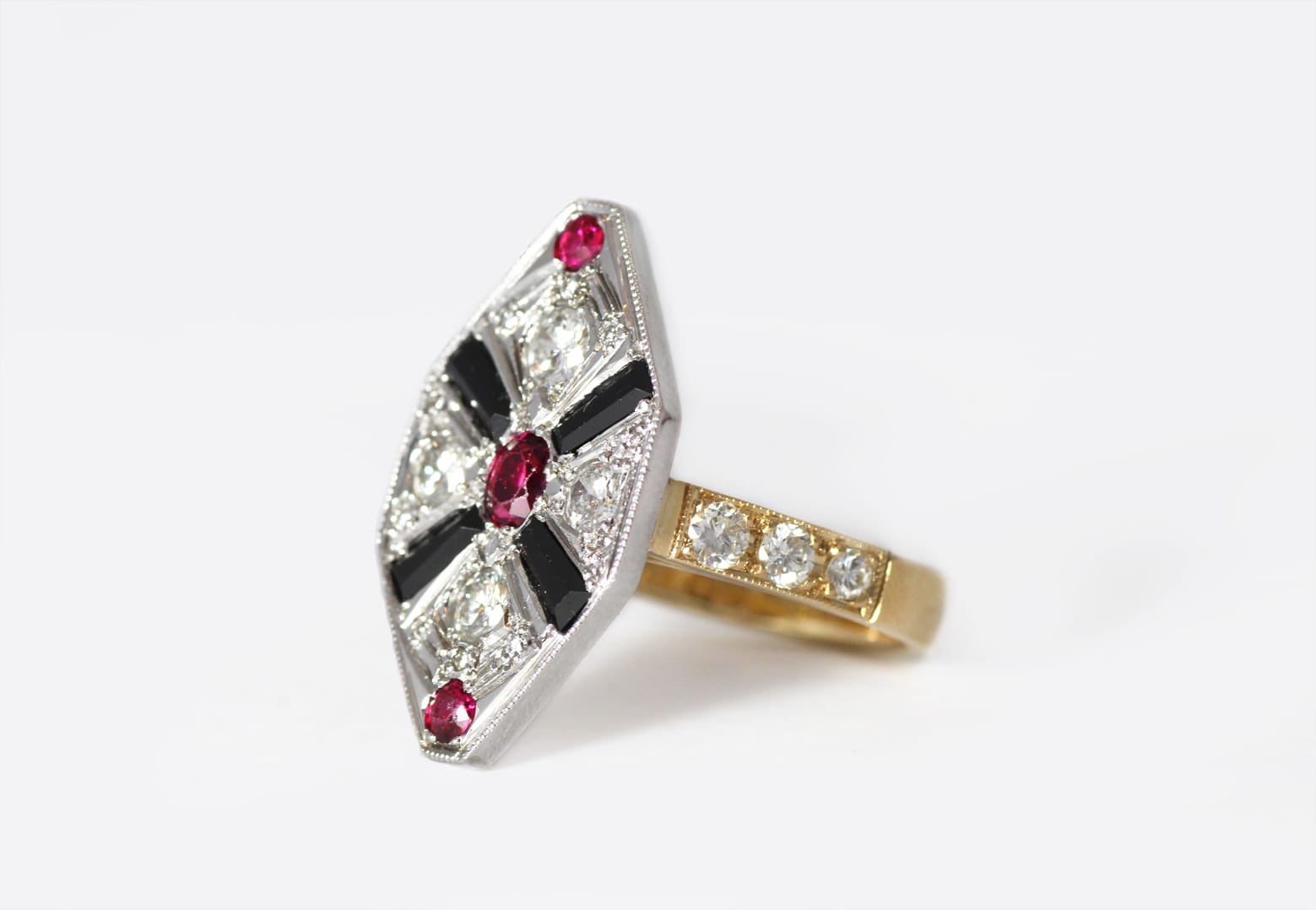 Recycled gold with rubies, diamonds and black spinel by Zoe Pook Jewellery