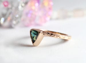 18ct Fairtrade rose gold wedding set with trilliant sapphire by Zoe Pook Jewellery