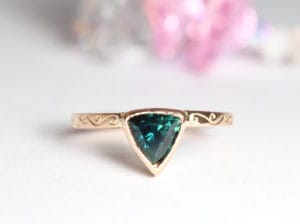 18ct Fairtrade rose gold wedding set with trilliant sapphire by Zoe Pook Jewellery