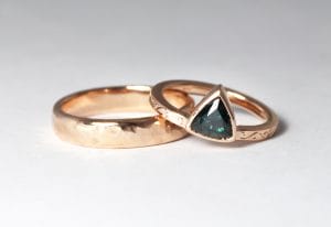 18ct Fairtrade rose gold wedding set with trilliant sapphire