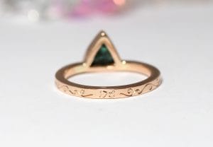 18ct Fairtrade rose gold wedding set with trilliant sapphire by Zoe Pook Jewellery
