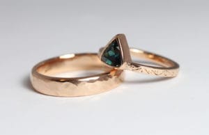 18ct Fairtrade rose gold wedding set with trilliant sapphire