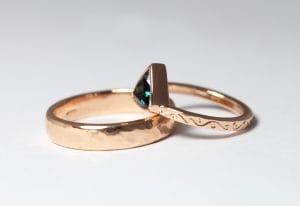 18ct Fairtrade rose gold wedding set with trilliant sapphire by Zoe Pook Jewellery