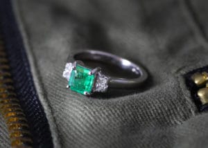 18ct Fairtrade white gold with emerald and side diamonds Zoe Pook Jewellery