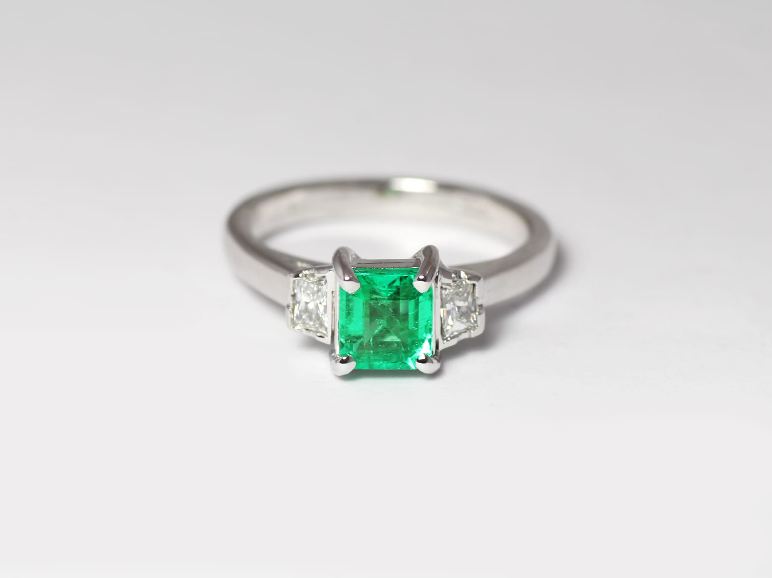 18ct Fairtrade white gold with emerald and side diamonds Zoe Pook Jewellery