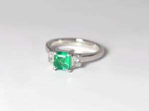18ct Fairtrade white gold with emerald and side diamonds Zoe Pook Jewellery