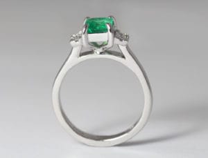 18ct Fairtrade white gold with emerald and side diamonds Zoe Pook Jewellery