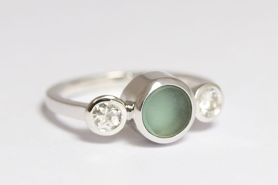 white gold with sea glass and diamonds