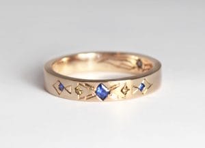 18ct Fairtrade rose gold with sapphires, diamonds and engraving by Zoe Pook Jewellery