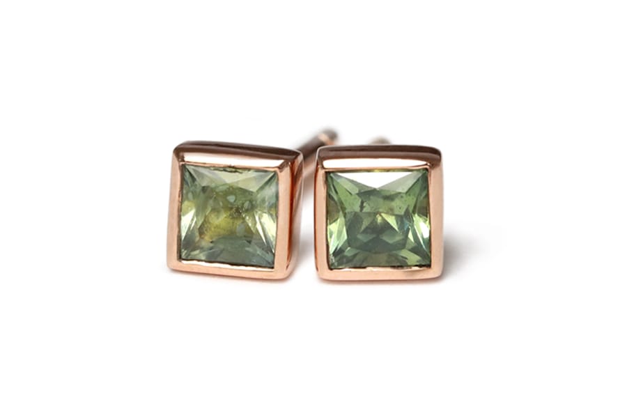 Green sapphire rose gold studs - Zoe Pook Jewellery