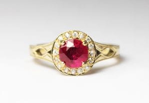 Ruby and diamonds in 18ct Fairtrade gold