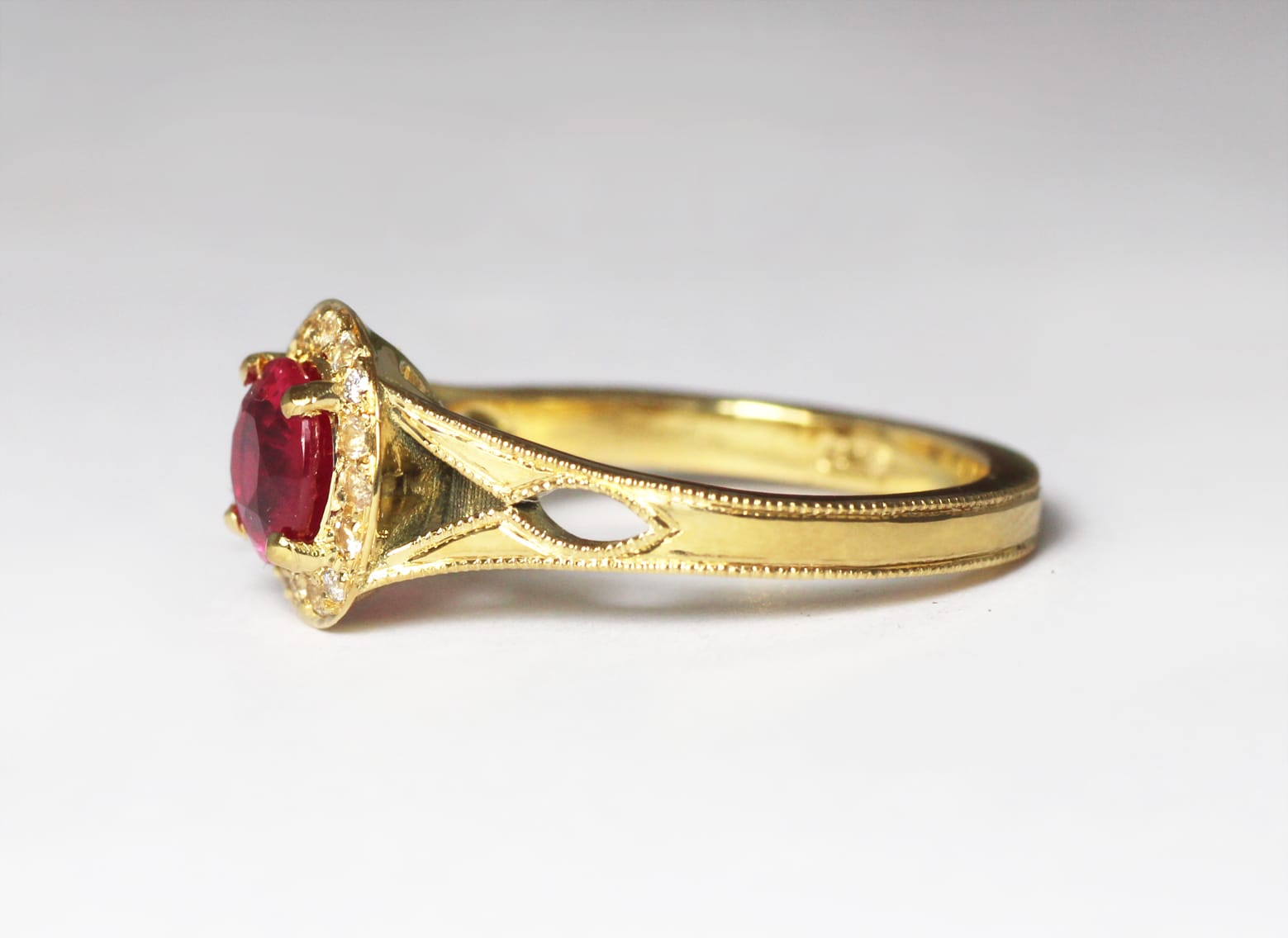 Ruby and diamonds in 18ct Fairtrade gold