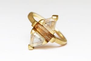 Recycled gold macle diamonds and rough topaz