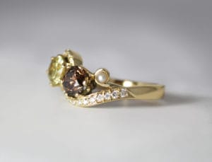 Sapphire, cognac diamond, pearls, diamonds in gold