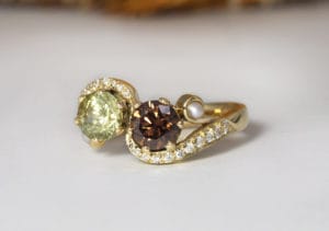 Sapphire, cognac diamond, pearls, diamonds in gold by Zoe Pook Jewellery