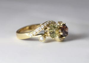 Sapphire, cognac diamond, pearls, diamonds in gold by Zoe Pook Jewellery
