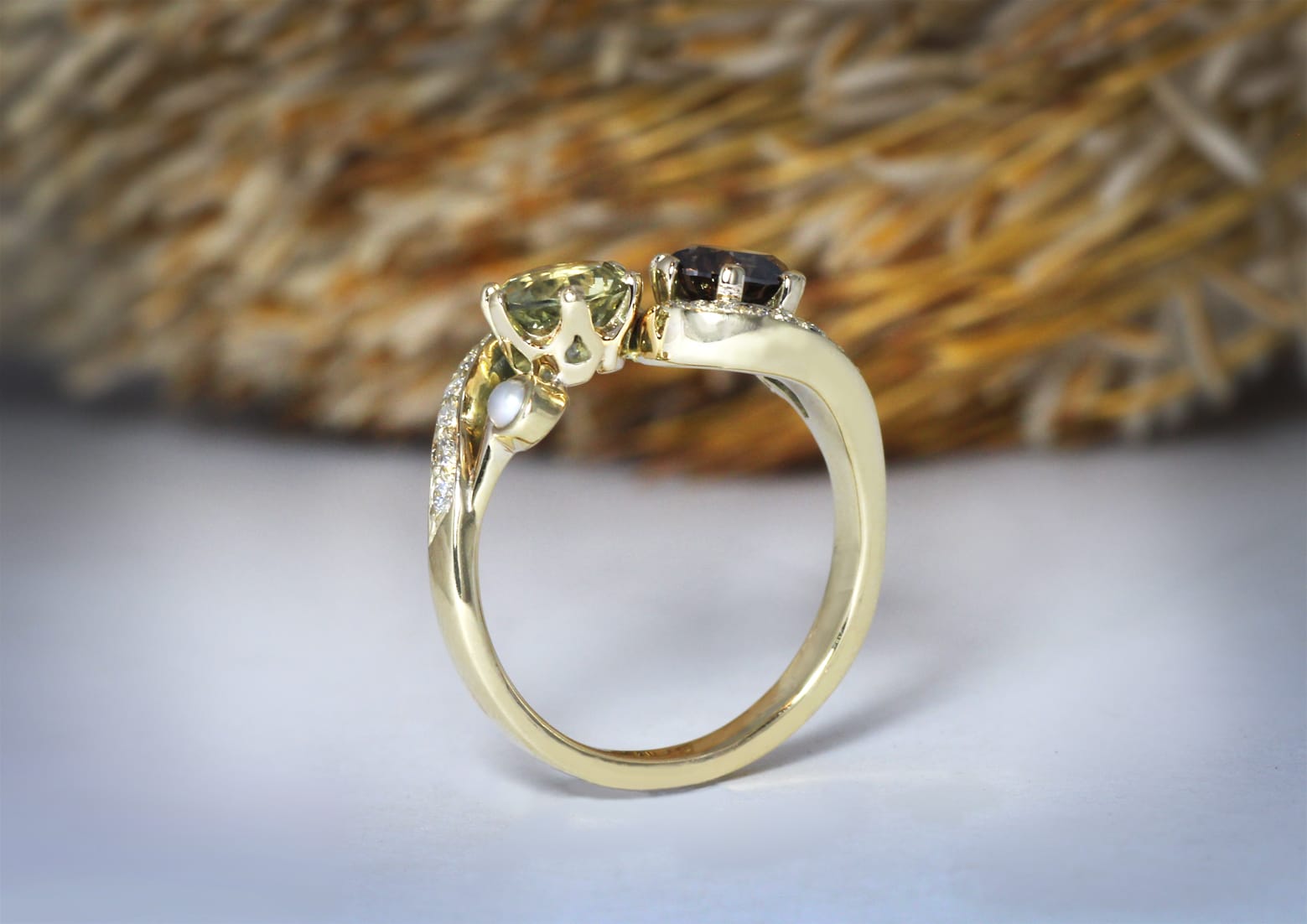 Sapphire, cognac diamond, pearls, diamonds in gold by Zoe Pook Jewellery