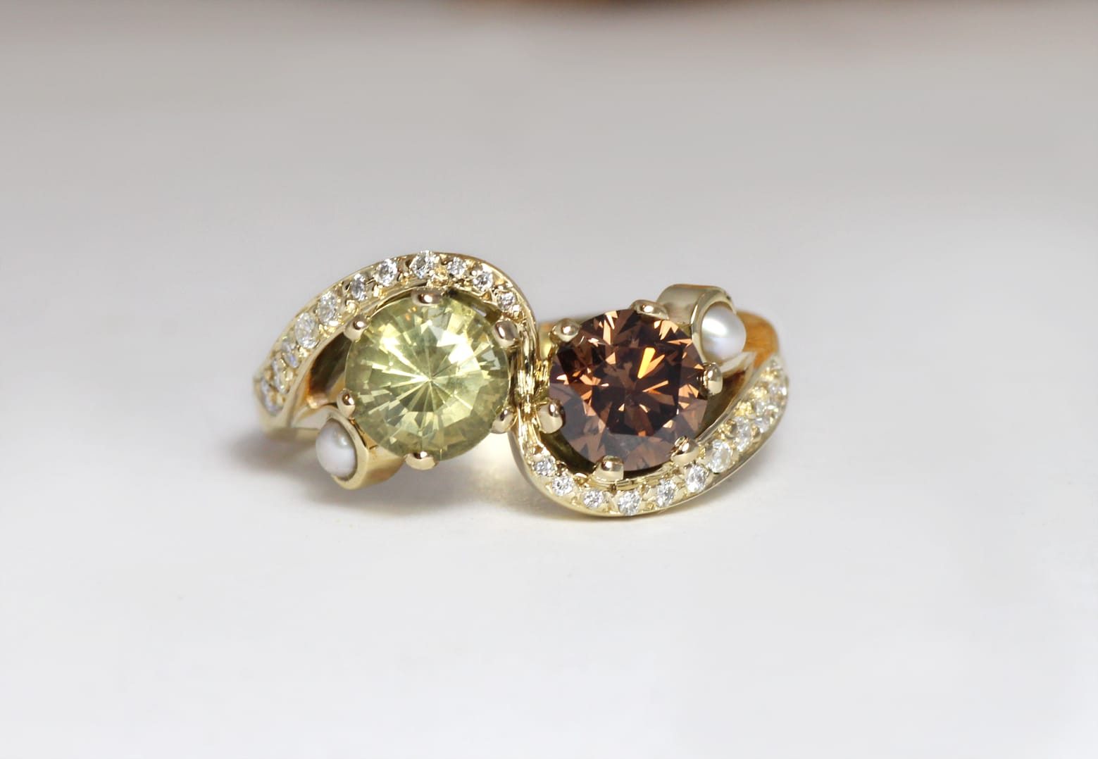 Sapphire, cognac diamond, pearls, diamonds in gold by Zoe Pook Jewellery