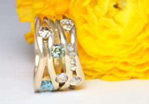 Recycled gold with diamonds, aquamarine, sapphire by Zoe Pook Jewellery