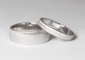 18ct Fairtrade gold wedding bands with brushed finish by Zoe Pook Jewellery