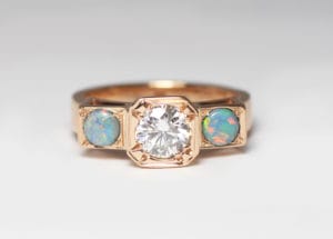 18ct Fairtrade rose gold with vintage diamond and opals by Zoe Pook Jewellery