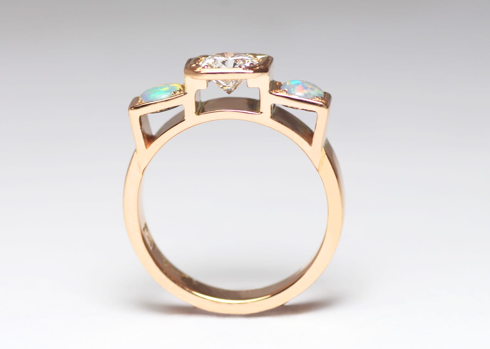 18ct Fairtrade rose gold with vintage diamond and opals by Zoe Pook Jewellery