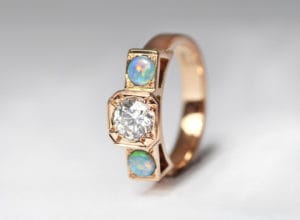 18ct Fairtrade rose gold with vintage diamond and opals by Zoe Pook Jewellery
