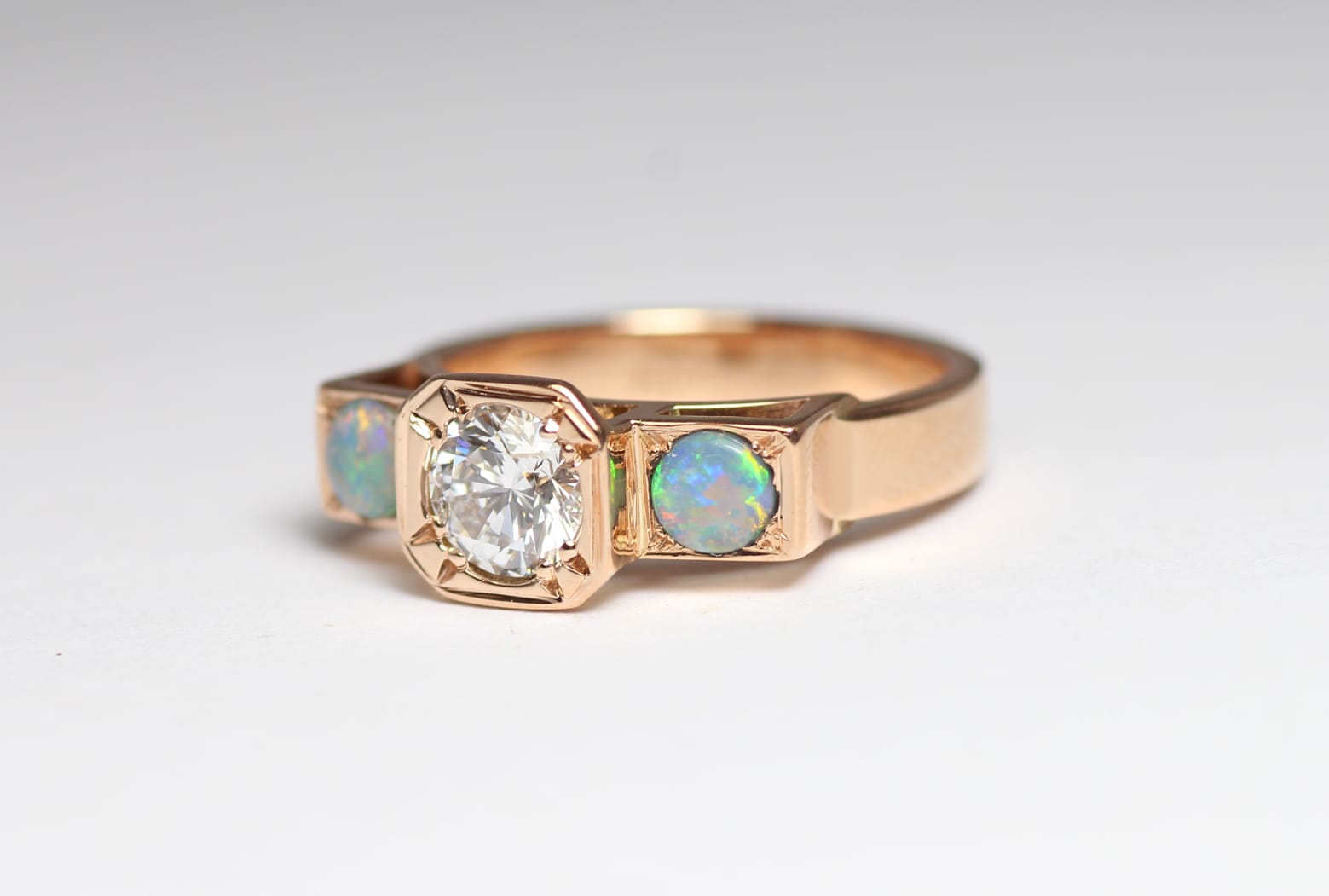 18ct Fairtrade rose gold with vintage diamond and opals by Zoe Pook Jewellery