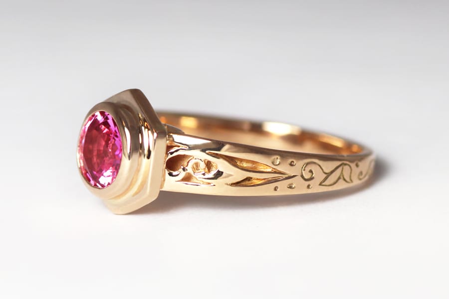 18ct Fairtrade rose gold with pink sapphire