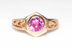 18ct Fairtrade rose gold with pink sapphire