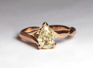 18ct Fairtrade rose gold with yellow pear diamond in bespoke design by Zoe Pook Jewellery