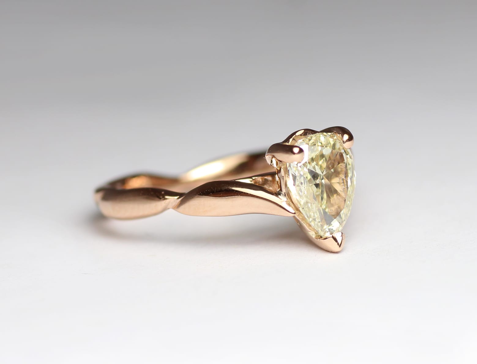 18ct Fairtrade rose gold with yellow pear diamond in bespoke design by Zoe Pook Jewellery