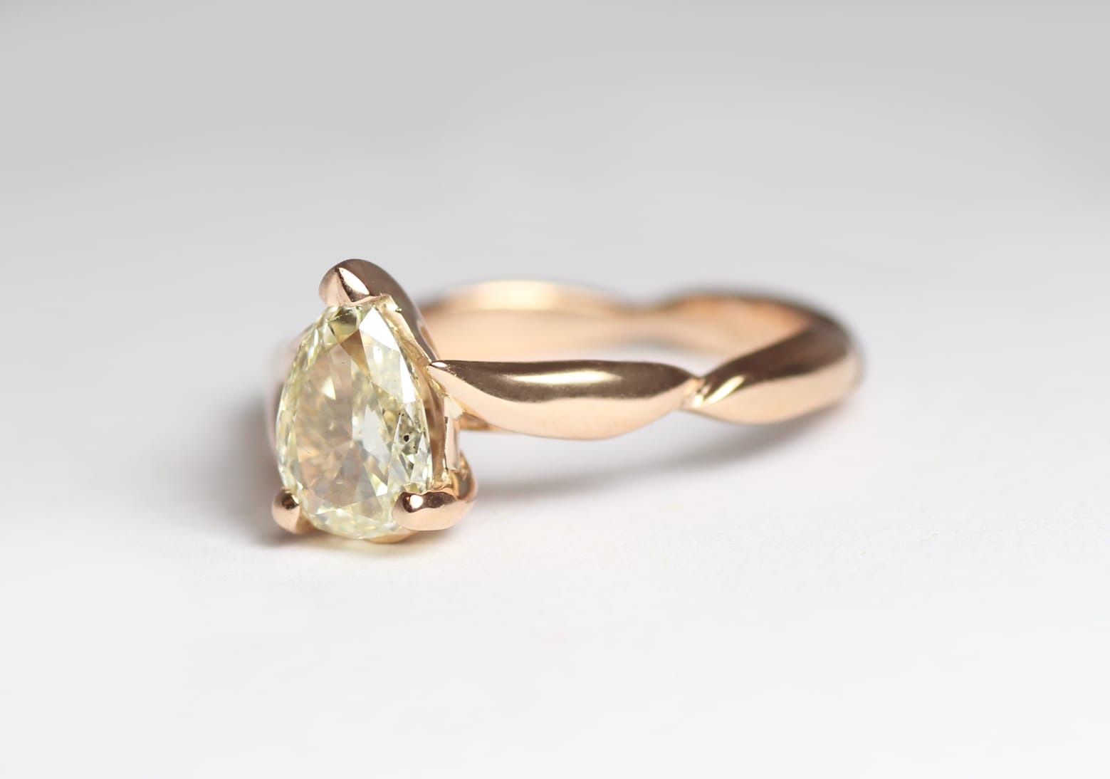 18ct Fairtrade rose gold with yellow pear diamond in bespoke design by Zoe Pook Jewellery