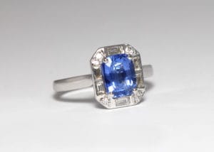 18ct Fairtrade white gold with sapphire and diamonds by Zoe Pook Jewellery