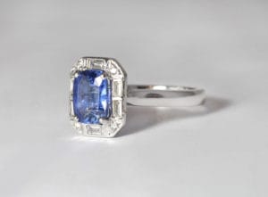 18ct Fairtrade white gold with sapphire and diamonds by Zoe Pook Jewellery