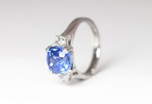 18ct Fairtrade white gold with ceylon sapphire and diamonds by Zoe Pook Jewellery