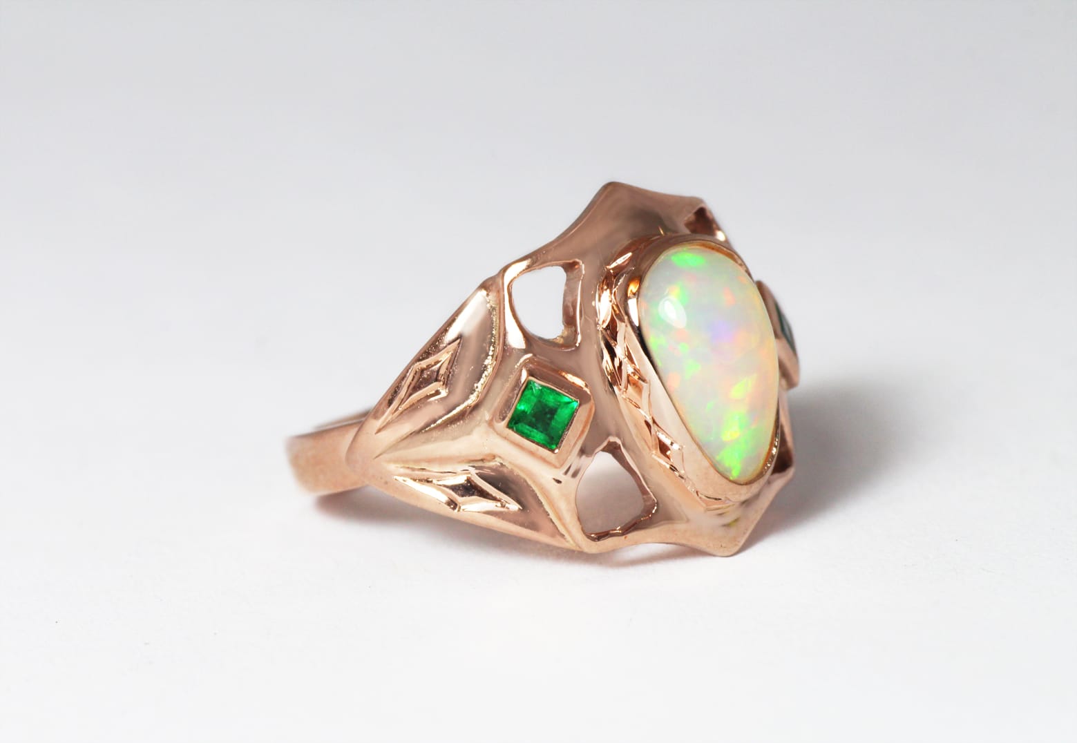 18ct Fairtrade gold opal and emeralds ethiopian design by Zoe Pook Jewellery