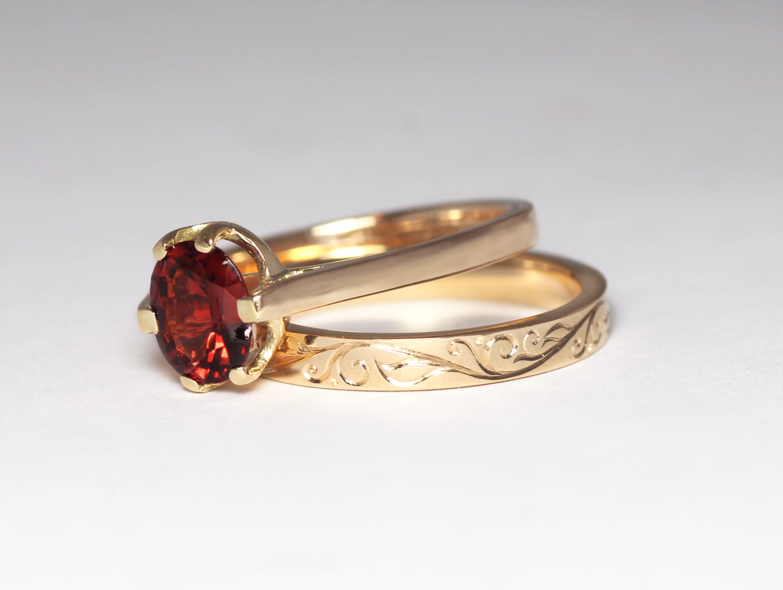 Recycled gold with engraving and ruby by Zoe Pook Jewellery