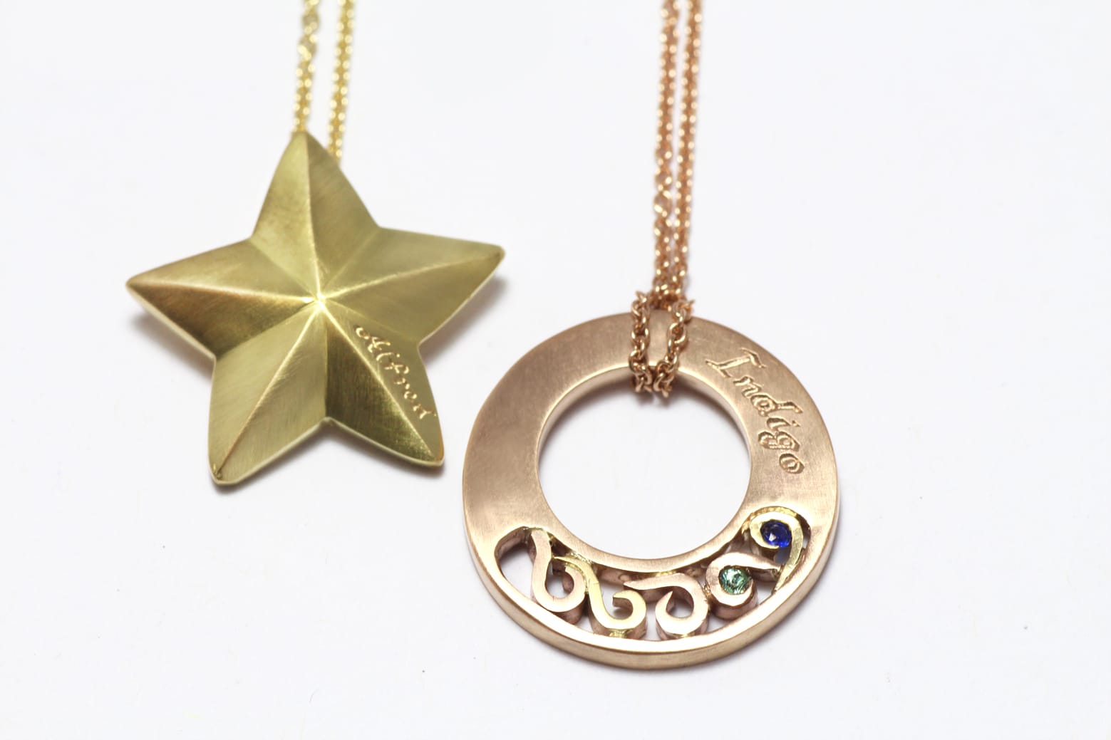 18ct Fairtrade gold bespoke pendants by Zoe Pook Jewellery