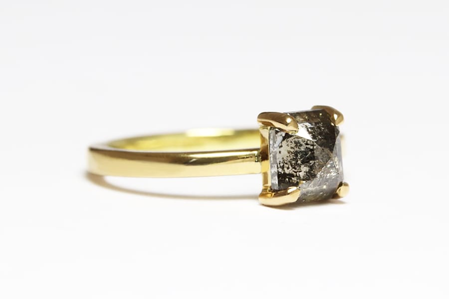 yellow gold with salt and pepper diamond Zoe Pook Jewellery
