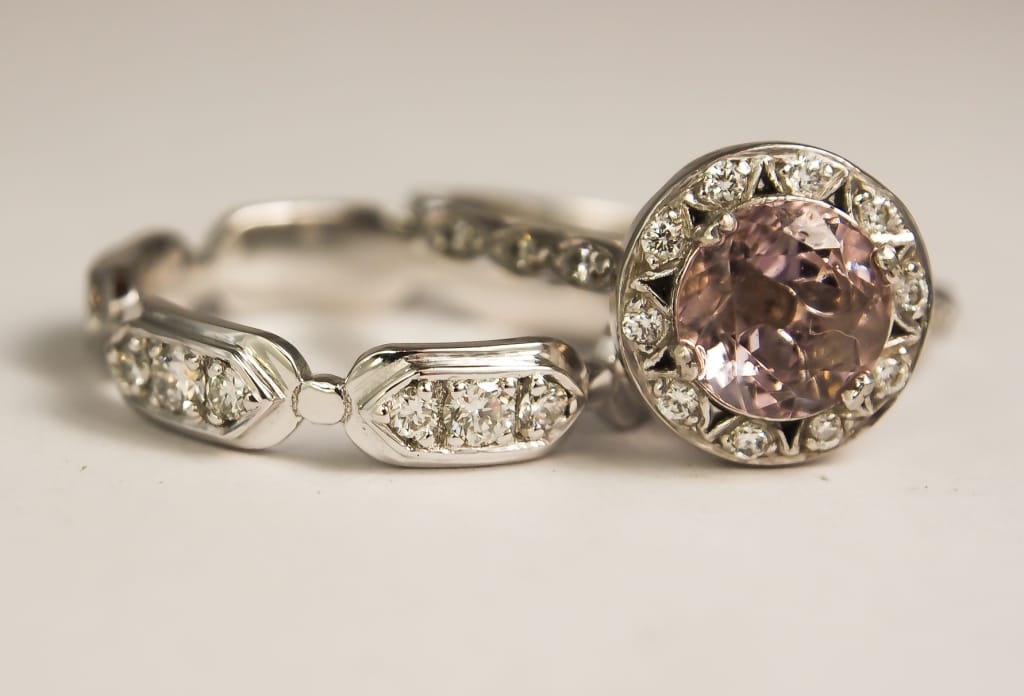 Platinum and morganite ethical engagement and wedding ring set
